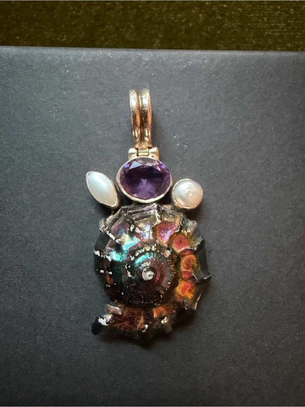 Iridescent Fossil, amethyst, and pearl sterling silver pendant